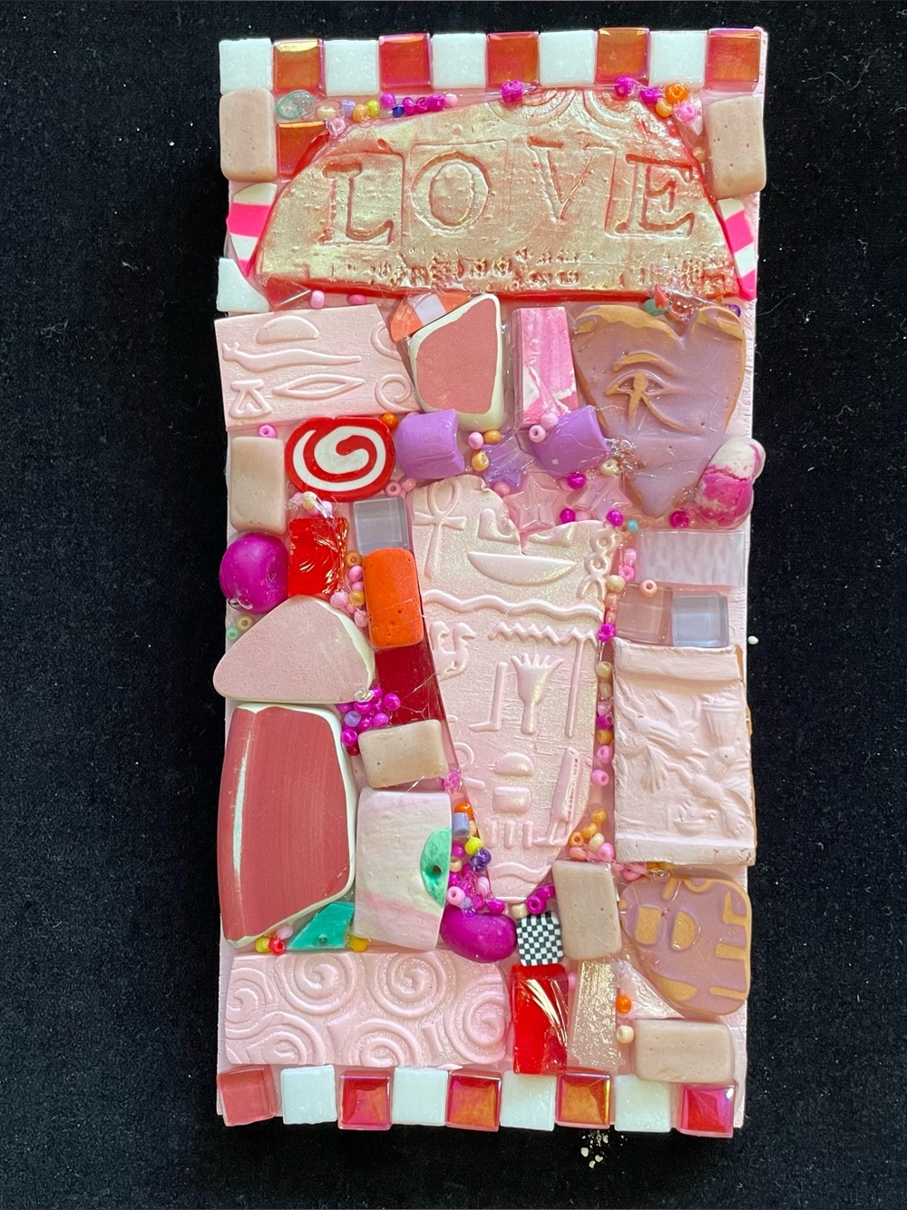 Handmade Polymer Clay Mosaic Art “Celebrate Love”Original On Wood 8”x 4”